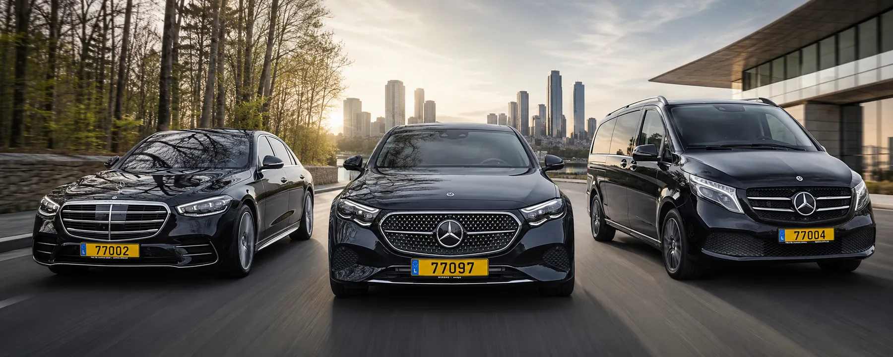 Flotte Mercedes de Transport de Luxe Luxembourg devant la skyline financière du Kirchberg
