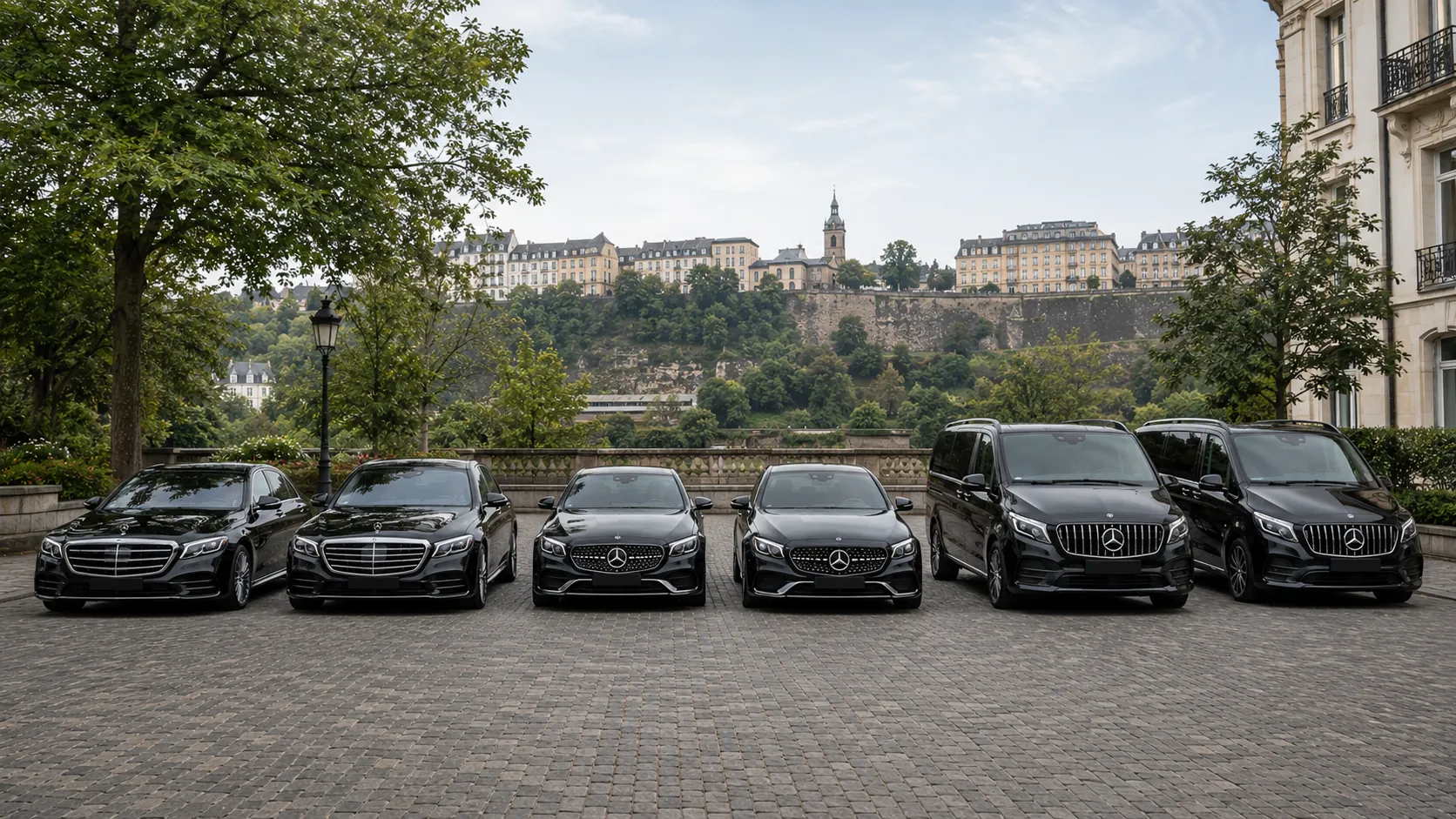Flotte de Mercedes noires de Transport de Luxe Luxembourg alignées devant la vieille ville de Luxembourg